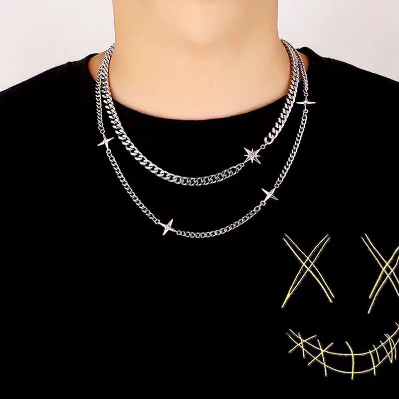 Collar supernova, acero inoxidable, de dos capas con cadena cubana