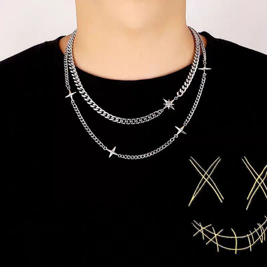 Collar supernova, acero inoxidable, de dos capas con cadena cubana